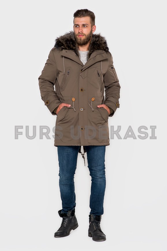 Куртка хаки с мехом енота полоскуна 4146-08 | Udekasi Furs  - #1
