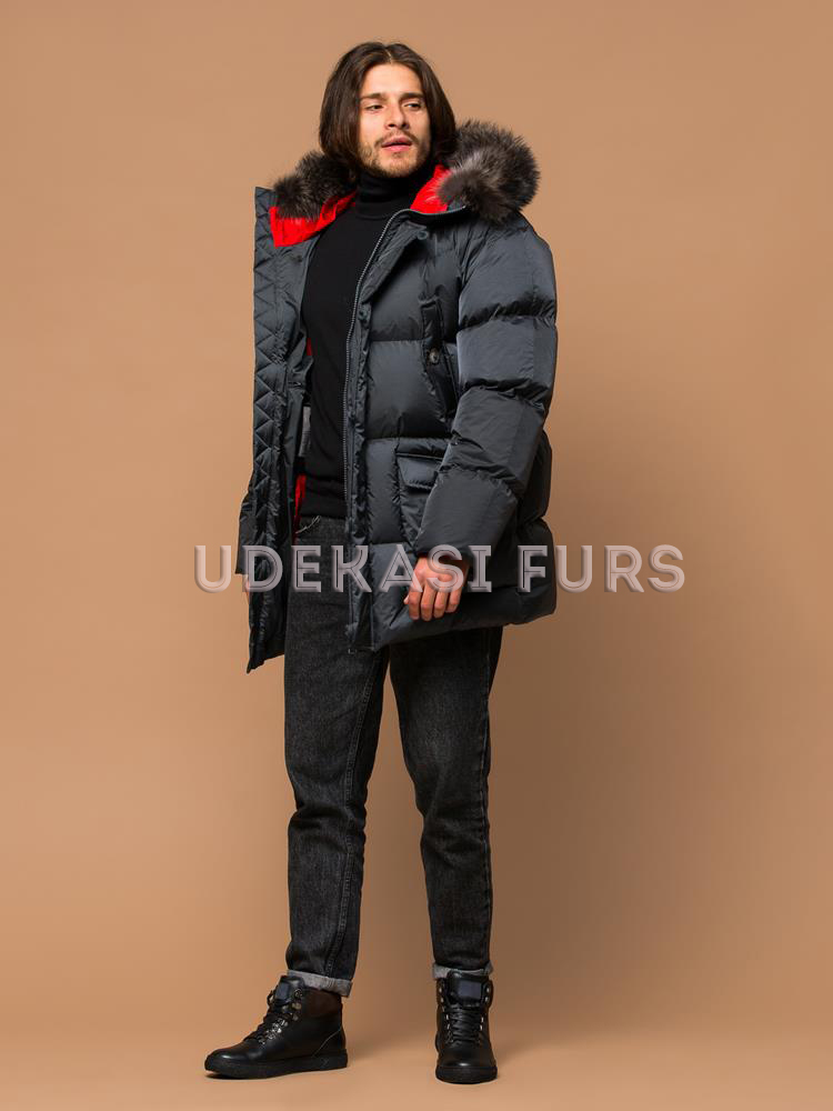 Мужской пуховик с натуральным гусиным пухом и мехом енота полоскуна 4175-001 | Udekasi Furs